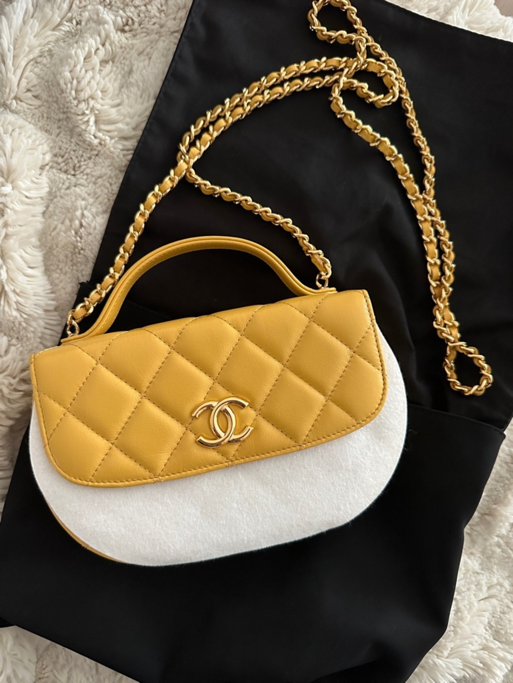 CHANEL Yellow Quilted Leather Shoulder Bag with Cream Panel
